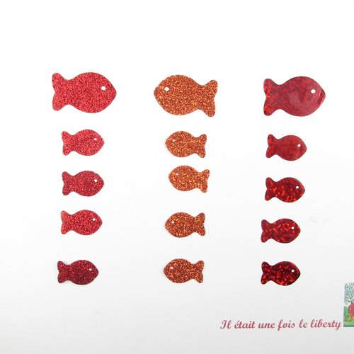 Appliqués thermocollants 15 poissons en friture en flex pailleté rouge et orange, et en flex hologramme rouge (coloris au choix)