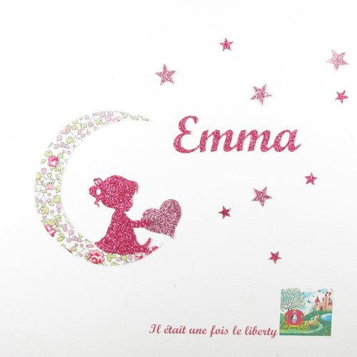 Appliqués thermocollants petite fille sur une lune pour carnet de santé prénom personnalisable 3-8 lettres tissu liberty elo
