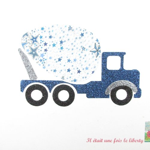 Appliqués thermocollants camion bétonnière pour petit garçon en tissu liberty adelajda bleu patch à repasser sans couture