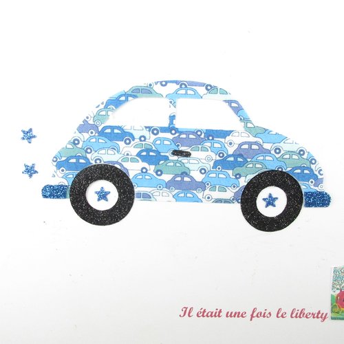 Appliqués thermocollants voiture liberty cars bleu flex pailletés, appliques liberty pour petit garçon