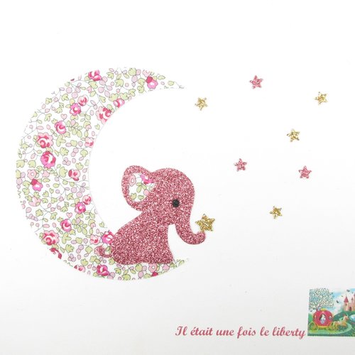 Appliqués thermocollants bébé éléphant sur une lune avec étoiles en tissu liberty eloïse rose et  flex pailleté patch à repasser