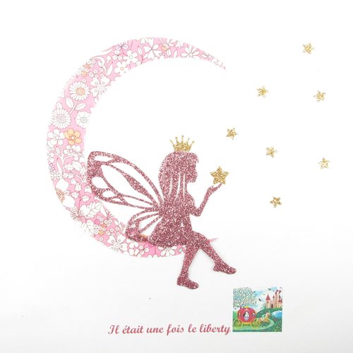 Appliqués thermocollants fée petite fille sur une lune en tissu liberty june meadow rose et flex pailletés  patch à repasser