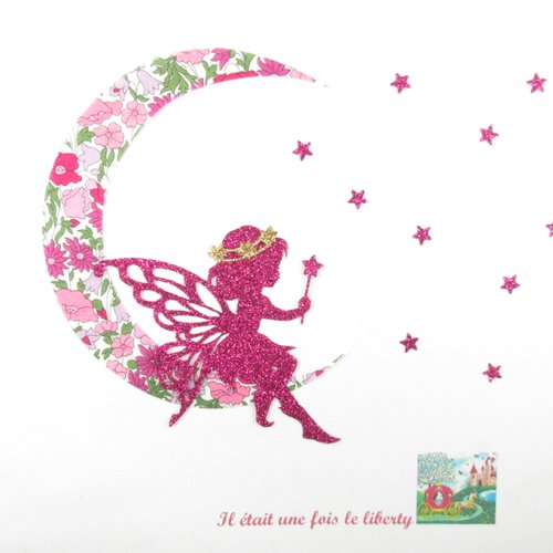 Appliqués thermocollants fée petite fille sur une lune en tissu liberty petal and bud rose et flex pailletés patch à repasser