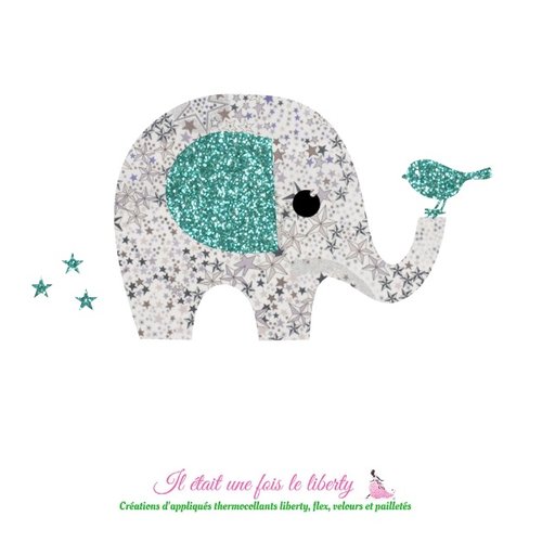 Appliqué thermocollant elephant oiseau tissu liberty adelajda gris flex pailleté patch à repasser motifs thermocollants sans couture