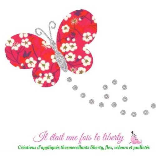 Appliqué thermocollant papillon en tissu liberty mitsi rouge et flex pailleté, patch à repasser sans couture