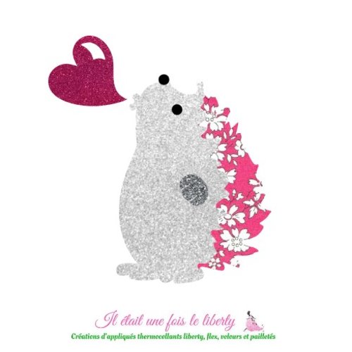 Appliqués thermocollants hérisson qui souffle un coeur en tissu liberty capel fuschia et flex pailleté, patch à recomposer