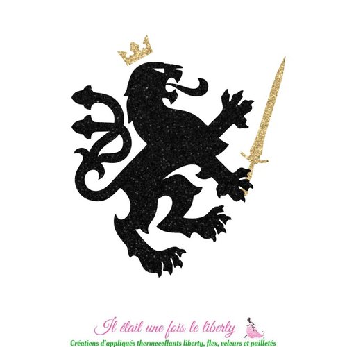 Appliqué thermocollant lion héraldique médiéval tissu pailleté noir et or patch à repasser écusson médiéval