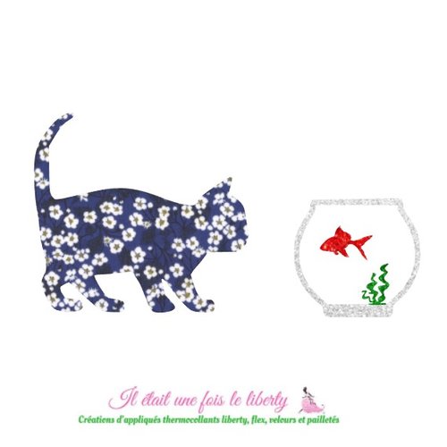 Appliqué thermocollant chat et poisson rouge, aquarium, en liberty mitsi valéria et flex pailletés, patch à repasser, sans couture