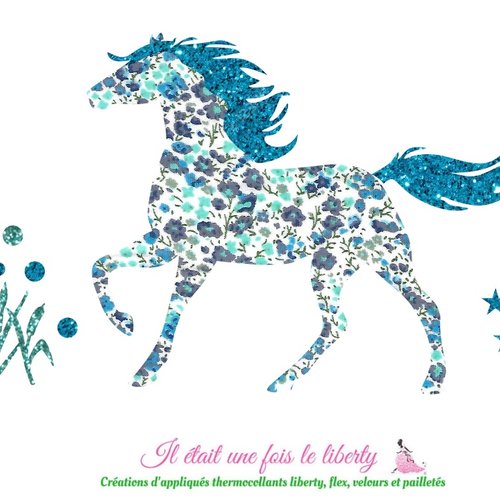 Appliqués thermocollants cheval tissu imprimé liberty bleu et flex pailletés, motifs chevaux patch
