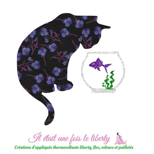 Appliqués thermocollants chat et poisson en tissu liberty ros purple et tissus pailletés appliqués liberty thermocollants