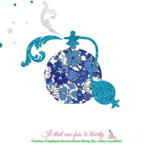 Appliqués thermocollants flacon de parfum en tissu liberty kavendish bleu et flex pailleté patch à repasser