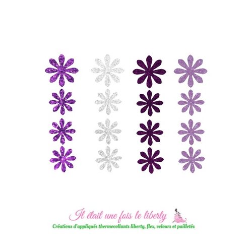 Appliqués thermocollants 16 fleurs en tissu pailleté argent mauve prune violet patch à repasser sans couture