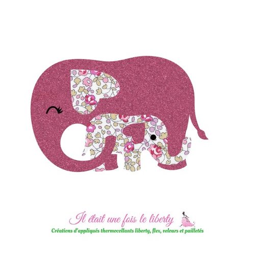 Appliqués thermocollants liberty maman éléphant et bébé en tissu liberty eloïse rose - flex pailleté