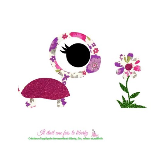 Patch tortue à repasser appliqués thermocollants liberty tortue lecien fuchsia et flex pailletés