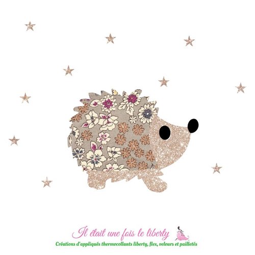 Appliqué thermocollant hérisson en tissu liberty lecien japonais et flex pailleté, patch à repasser sans couture