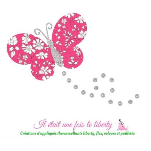 Appliqué thermocollant liberty papillon capel fuchsia et flex pailleté à recomposer et repasser, sans couture