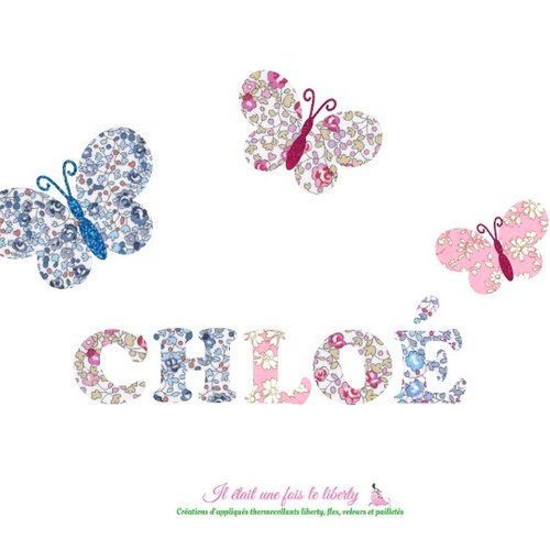 Appliqués thermocollants prénom personnalisable et papillons en tissus liberty et flex pailletés