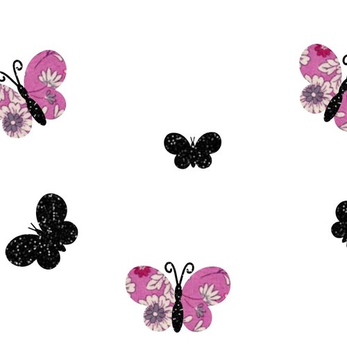 Appliqué thermocollant 6 papillons en tissu liberty lecien rose flex pailleté noir patch à repasser