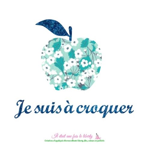 Appliqué thermocollant pomme liberty mitsi menthe à l'eau et flex pailleté, patch à repasser sans couture