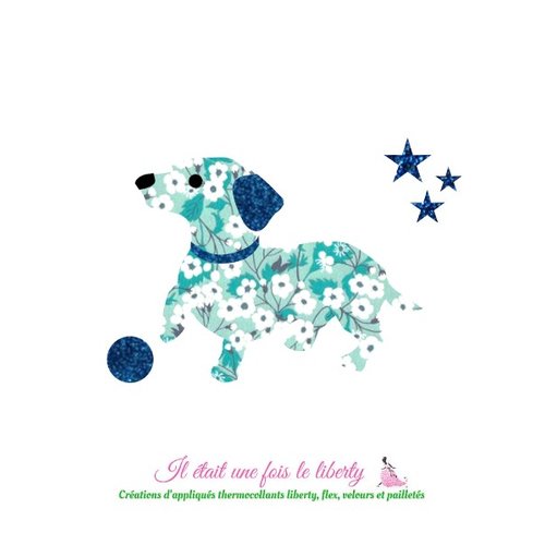 Appliqué thermocollant chien teckel tissu liberty mitsi menthe à l'eau flex pailleté patch à repasser sans couture