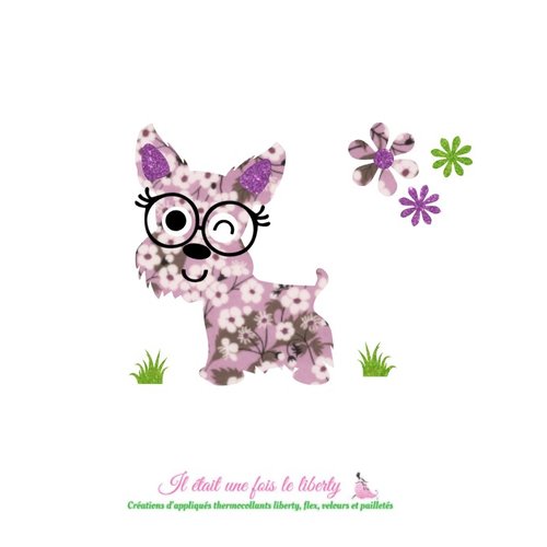Appliqués thermocollants chien yorkshire à lunettes en liberty mitsi parme etflex pailletés patch à repasser