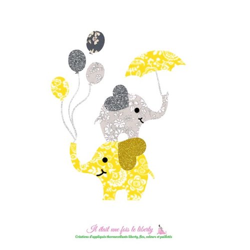 Appliqués thermocollants 2 éléphants parapluie tissu liberty capel gris clare emily jaune flex pailleté