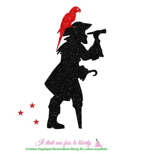 Appliqué thermocollant pirate et perroquet en tissu pailleté noir et rouge, à recomposer et repasser sans couture