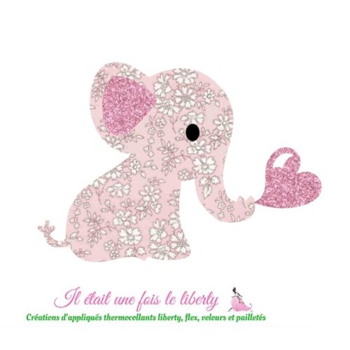 Appliqué thermocollant éléphant en tissu liberty capel rose nude et flexpailleté, à recomposer et repasser, sans couture