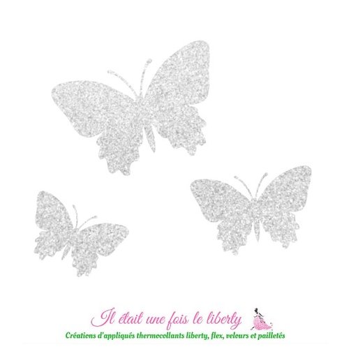 Appliqués thermocollants 3 papillons en flex pailleté argent patch à repasser, coloris au choix