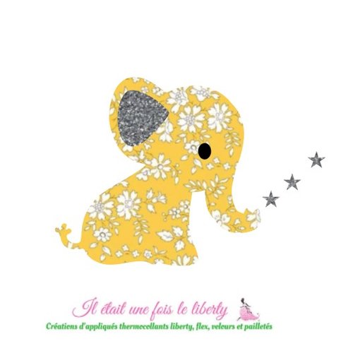 Appliqué thermocollant éléphant en tissu liberty capel jaune et flex pailleté, patch à repasser après avoir été recomposé