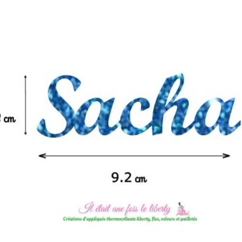Appliqué thermocollant prénom personnalisable de 5 lettres (sacha, ex. proposé) en flex pailleté au choix