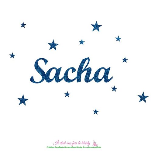 Appliqué thermocollant prénom personnalisable de 5 lettres (sacha, ex. proposé) en flex pailleté bleu marine (coloris au cho