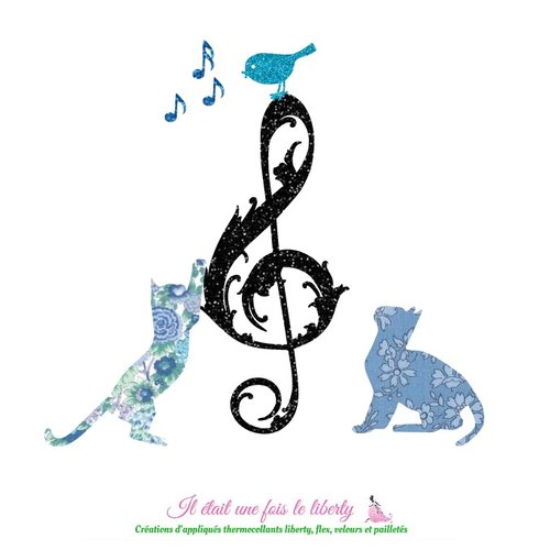 Appliqués thermocollants les chats musiciens clé de sol en tissus liberty elysean et capel bleu flex pailletés