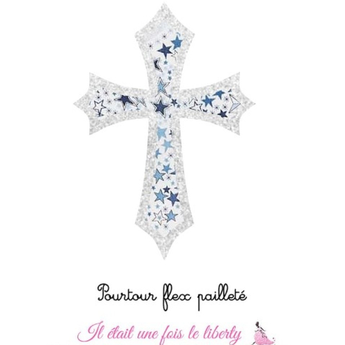 Appliqués thermocollants croix communion baptême médiévale liberty adelajda bleu flex pailleté patch à repasser