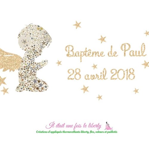 Appliqués thermocollants baptême tissu liberty adelajda brun flex pailleté doré or patch à repasser sans couture