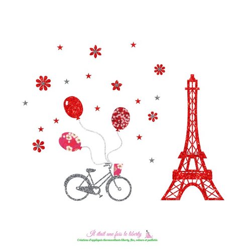 Appliqués thermocollants tour eiffel en tissu liberty mitsi rouge et flex pailletés destinés à être recomposés et repassés