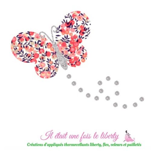Appliqués thermocollants papillon en liberty wiltshire corail et flex pailleté, patch à repasser sans couture