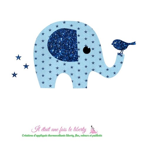 Appliqué thermocollant éléphant en tissu étoilé bleu ciel et flex pailleté, à recomposer et repasser sur tous supports