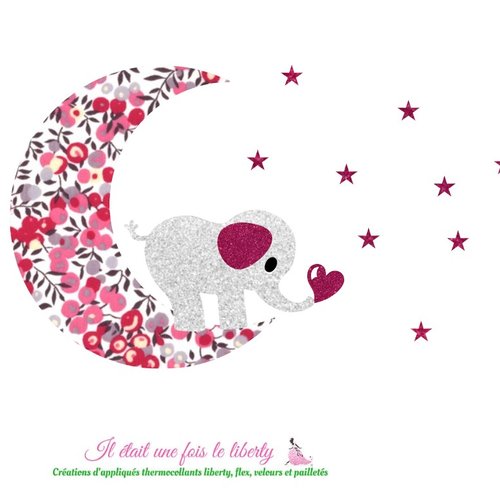 Appliqués thermocollants éléphant sur une lune en tissu liberty wiltshire bougainville et flex pailleté, à recomposer, sans couture