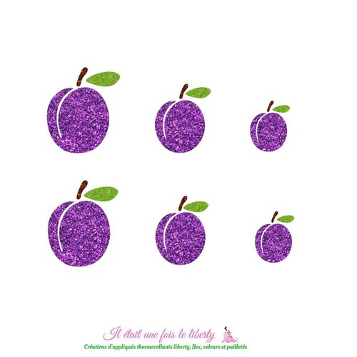 Appliqué thermocollant prunes en flex pailleté mauve et vert, patch à repasser sans couture