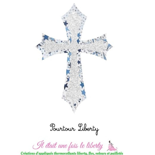 Appliqués thermocollants croix communion baptême tissu liberty adelajda bleu flex pailleté patch à repasser motif sans couture écusson