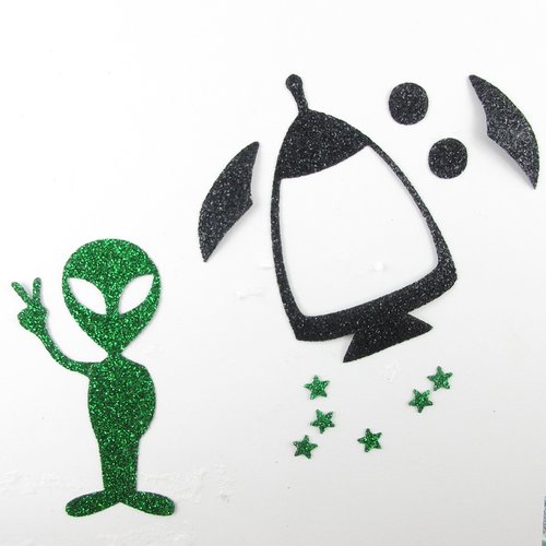 Appliqués thermocollants extraterrestre et fusée en tissu pailleté vert et noir, alien, ovni
