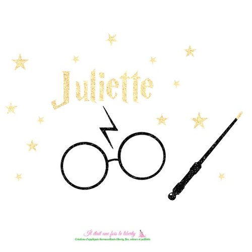 Appliqués thermocollants prénom personnalisable et lunettes de sorcier en tissus pailletés.