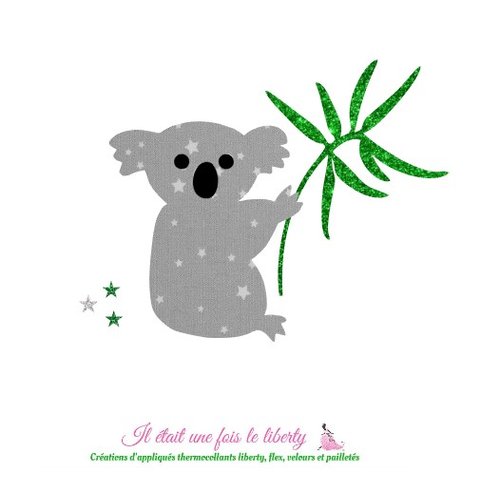 Appliqués thermocollants koala et eucalyptus tissu gris flex pailleté vert patch à repasser motif koalas écusson sans couture