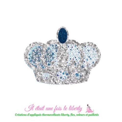 Appliqués thermocollants couronne médiévale roi reine tissu liberty adelajda bleu flex pailleté patch à repasser