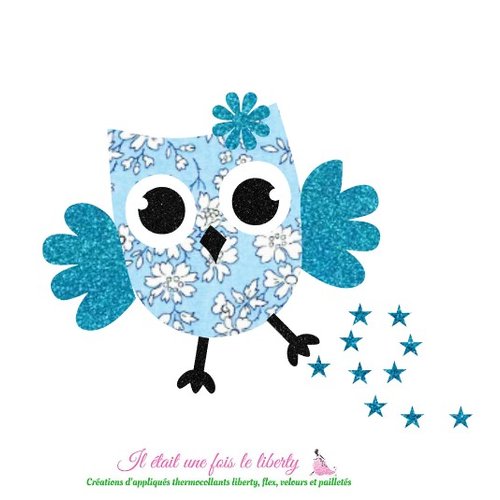 Appliqué thermocollant chouette entissu liberty capel bleu ciel flex pailleté appliques liberty thermocollant patch à repasser