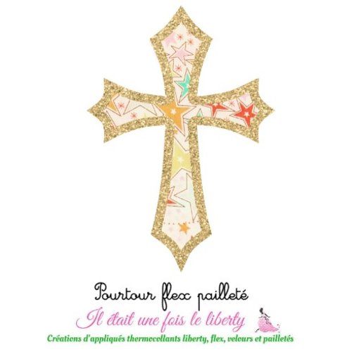Appliqués thermocollants croix médiévale baptême communion tissu liberty adelajda soleil et flex pailleté