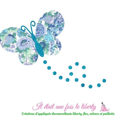 Appliqué thermocollant papillon en tissu liberty elysean bleu et flex pailleté patch à repasser sans couture
