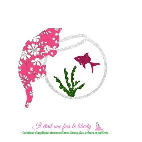 Appliqués thermocollants petit chat aquarium poisson rose en liberty capel fuhsia flex pailletés patch à repasser sans couture