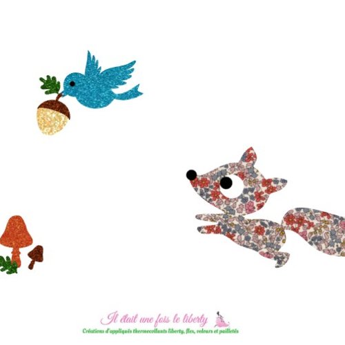 Appliqués thermocollants renard en tissu liberty emilia's flowers corail et flex paillleté à recomposer et repasser